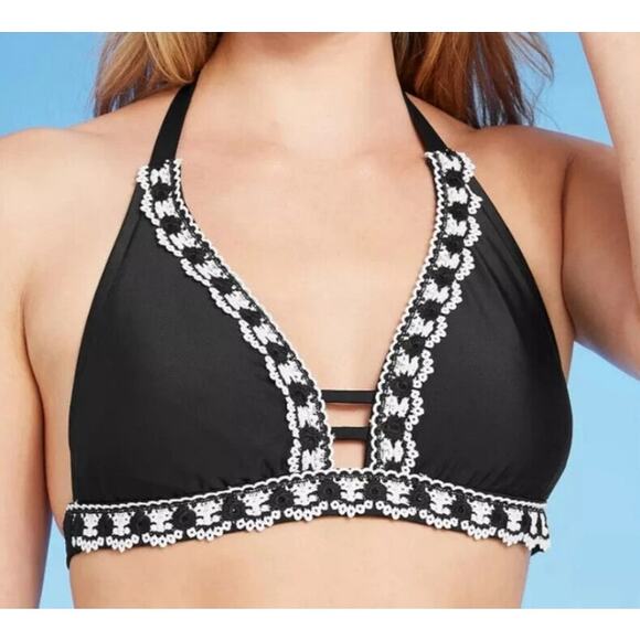 Kona Sol Halter Bikini Top Womens D/DD Black Solid Crochet Trim & Blk Bottoms - Picture 7 of 7